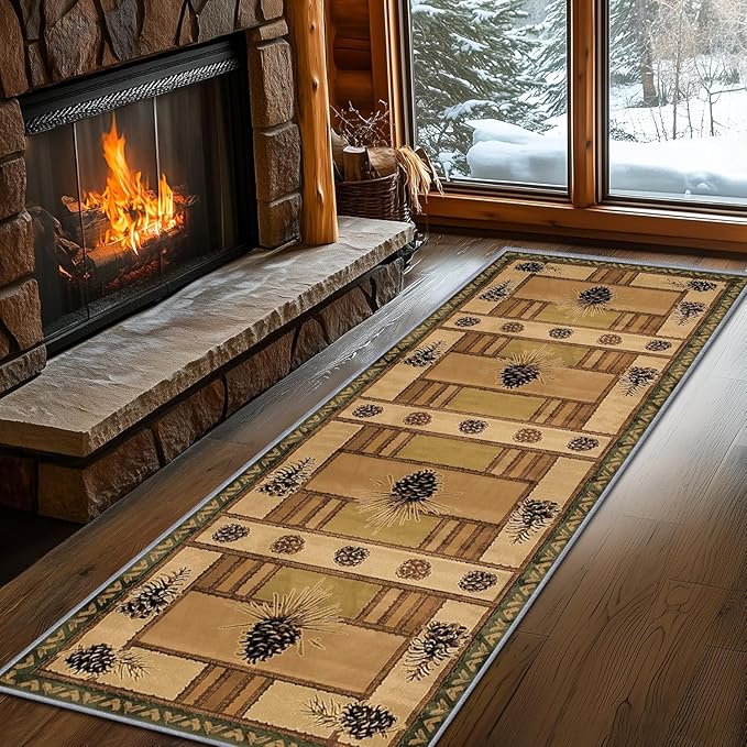 Pinecone Runner Rug, 1.3x7ft Rustic Country Style Hallway Runner Rug - Corridor & Foyer Area Rugs, Washable Non-Slip Mat, Country Home Decor Carpet for Indoor Living Room Hallway Spaces