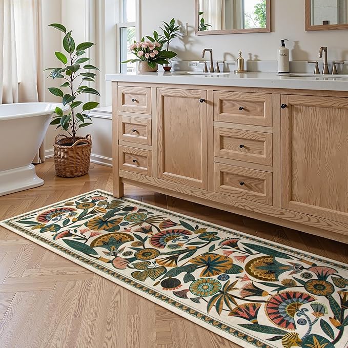 Washable Kitchen Runner Rug, Floral 2x6 Rug Runners for Hallways, Washbale Non Slip Beige Rugs, Soft Low Pile Carpet for Bedroom Entryway Laundry Room