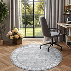 jinchan Fiora Round Rug 5ft Area Rug - Indoor Vintage Hallway Circle 5' Washable - Ultra-Thin Low Pile Soft Small Non Slip Distressed Floral Print for Living Room Dining Room Bedroom Entryway Grey