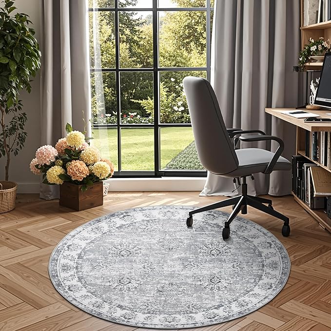 jinchan Fiora Round Rug 5ft Area Rug - Indoor Vintage Hallway Circle 5' Washable - Ultra-Thin Low Pile Soft Small Non Slip Distressed Floral Print for Living Room Dining Room Bedroom Entryway Grey