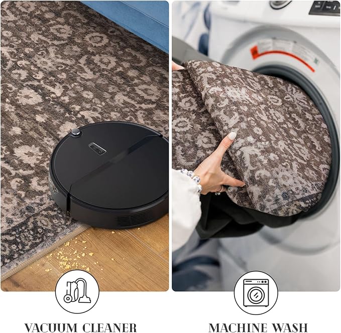 Vintage Floral 2x5 Runner, Mocha Brown Washable Hallway Runner, Non-Slip Kitchen Runner, Super Soft Thin Printed Faux Wool Carpet for Entryway, Front Door, Backdoor Bedside