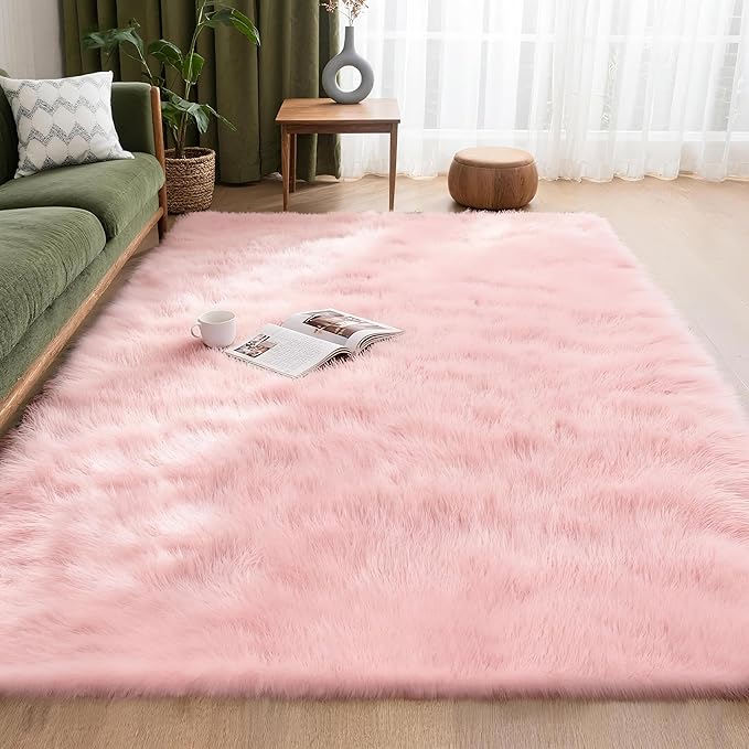6x9 Solid Fluffy Pink Area Rug – Washable, Durable, Large Bedroom Rug, Non-Slip High Pile Shag Rugs for Living Room, Kids Room, Sofa Coffee Table, Nursery Rooms, Soft Indoor Floor Carpet