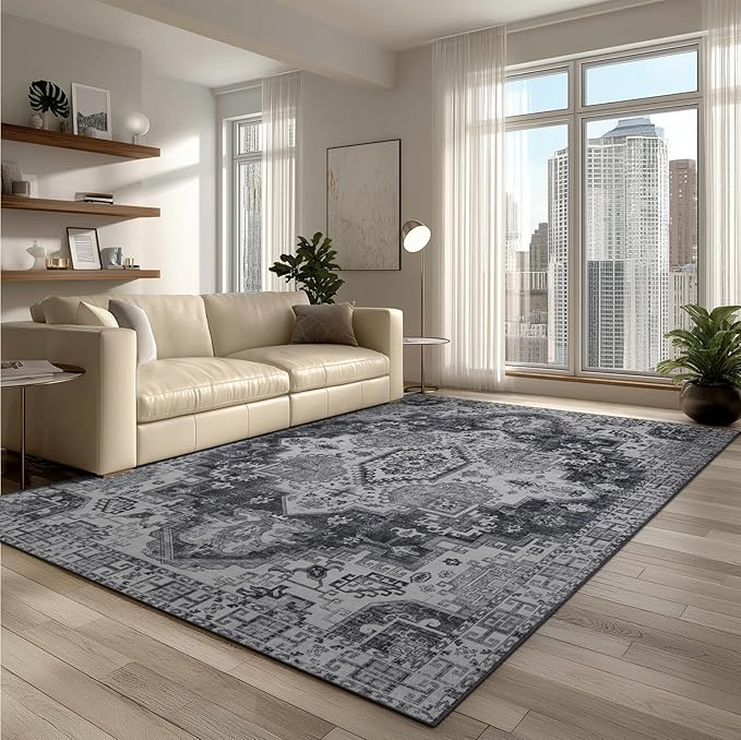 Washable Rugs 5x7 Area Rugs for Living Room, Thin Carpet for Bedroom, Soft Faux Wool Retro Dining Room Rug，Non Slip&Non-Shedding Resistant Low Pile Vintage Print Rug for Home Office (Medium Gray)