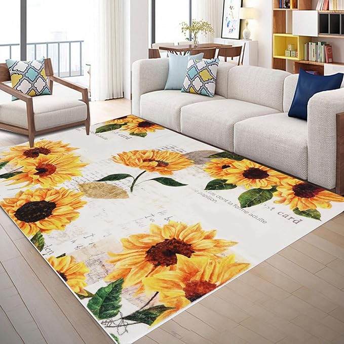 Sunflower Rug 5' x 7' Large Oil Painting Artwork Rugs for Living Room Bedroom, Non Slip Washable Low-Pile Soft Indoor Floor Throw Carpet for Apartment Bathroom Dining Room