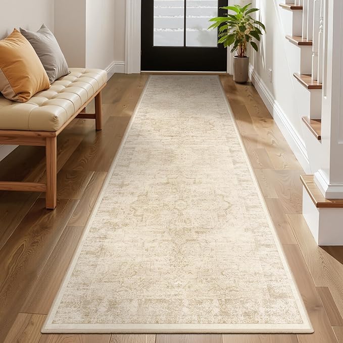 Beige 2x8 Entryway Runner Rug, Washable Non Slip Hallway Ktichen Runner Indoor, Low Pile Vintage Medallion Distressed Carpet Runners 8ft for Bedroom Bedside/Laundry Room/Bathroom