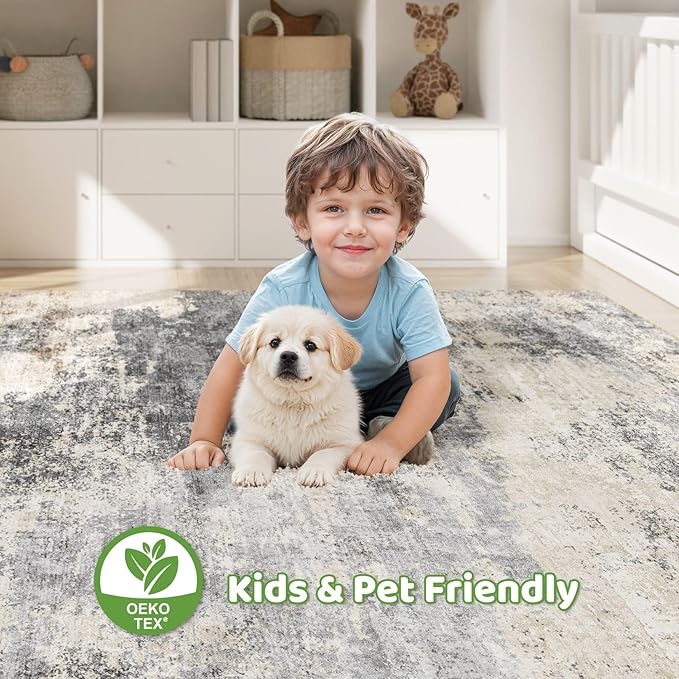 7x9 Area Rugs Living Room: Washable Large Abstract Modern Soft Rug Stain Resistant Indoor Floor Non Slip Accent Carpet for Bedroom Nursery Playroom Dining Room Office Dorm Home House- Grey Brown