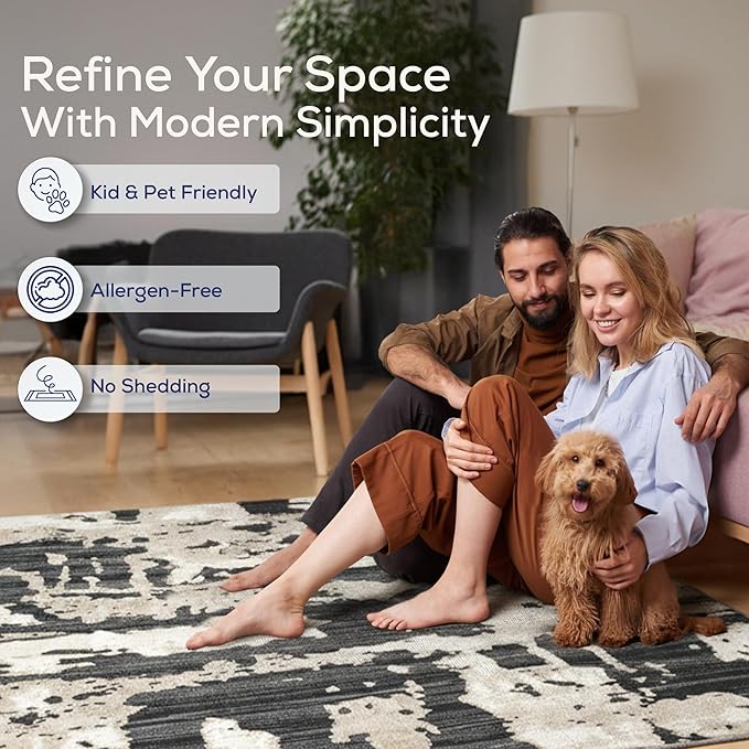Abani Terra Cream Area Rug for Living Room, Bedroom - Black Abstract Pattern - 6' x 9' - Durable & Easy to Clean