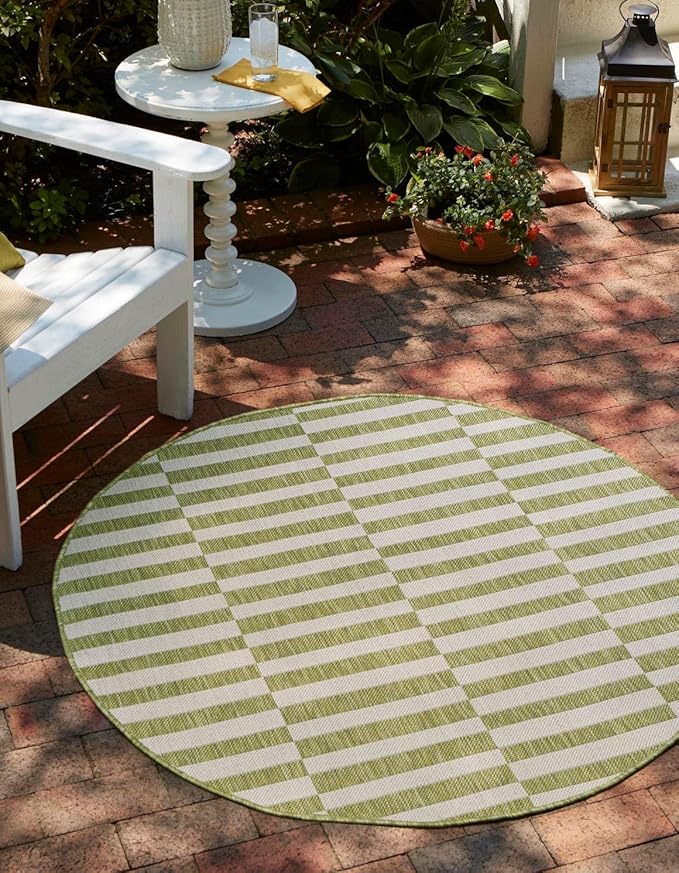 Unique Loom Outdoor Striped Collection Area Rug - Striped (10' Round Green/Ivory)