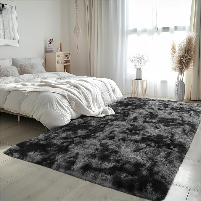 Zentavio Black and Grey Area Rugs for Living Room Large Men Room Carpet 5x8 Bedroom Fluffy Furry Shag Aesthetic Plush High Pile Floor Rug for Kids Room Dorm Home Decor Gray