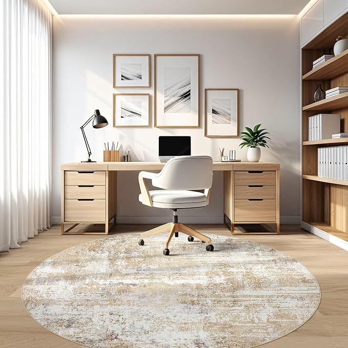 Round Rug Living Room Rugs: 6Ft Washable Circle Large Abstract Modern Soft Stain Resistant Non Slip Indoor Floor Carpet for Bedroom Nursery Office Dining Room Dorm Home House Decor- Gray Gold