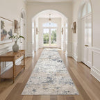 Washable Runner Rug for Hallway: 3x12 Neutral Modern Abstract Low Pile Area Rug with Non-Slip Backing - Carpet for Bedroom Kitchen Laundry Entryway Bathroom Indoor -Beige Blue
