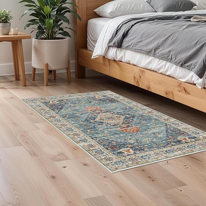 Enkor Area Soft Rugs 2x3 Washable Non Slip Boho Small Floor Entryway Rugs for Living Room Bedroom, Vintage Style Farmhouse Mat for Kitchen Green & Blue