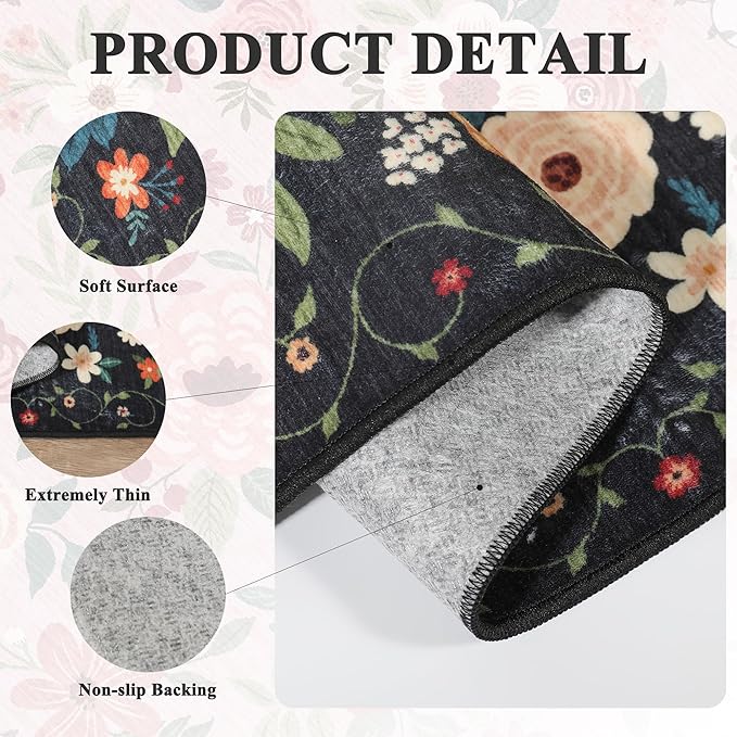 DUKINO 2x6 Runner Rug for Hallway, Washable Kitchen Runner Rug with Non Slip Backing, Low Pile Soft Boho Floral Runner for Kitchen, Hallway, Entryway, Laundry, Bedroom, Black