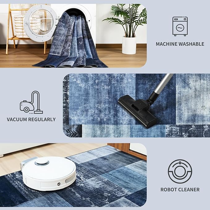 DweIke Washable Area Rugs for Living Room, 4x6 Soft Bedroom Rugs, Geometric Print Non-Slip Modern Rug, Stain Resistant Throw Carpets for Office Nursery Dining Room Home Dorm Decor, Navy Blue