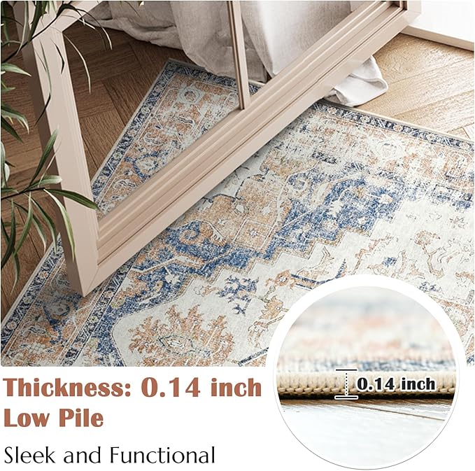jinchan Kelda Area Rug 5x7 Washable Bedroom Rug Vintage Indoor Floor Cover Distressed Lightweight Non-Slip Low Pile Thin Mat Accent Stain Resistant Carpet for Living Room Dining Room Office Orange