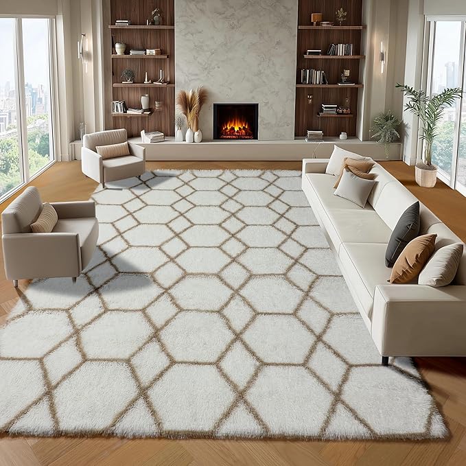 ONASAR 8x10 Area Rugs for Living Room, Fluffy White and Beige Bedroom Rug, Washable Geometric Boho Large Soft Plush Shaggy Fuzzy Floor Carpet for Nursery Kids Classroom Playroom Dorm Home Decor