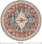 KOZYFLY Boho Round Rug 3 Ft Rugs for Entryway Washable Circle Rug Non Slip Doormat Rust/Orange/Blue Printed Faux Wool Vintage Round Entryway Rug Floor Carpet Round for Entrance, Bedroom