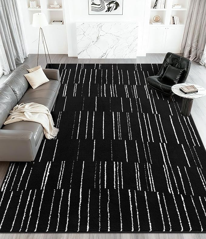 YIHOUSE 8x10 Abstract Line Area Rug, Modern Washable Stain Resistant Rugs Non Slip, Soft Indoor Large Floor Carpet for Living Room, Bedroom,Dining Room, Black and White