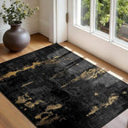 Washable Area Rugs 3'x5' Non-Slip Modern Abstract Soft for Living Room Entryway Bedroom Nursery, Print Pattern, Dark Black Gold