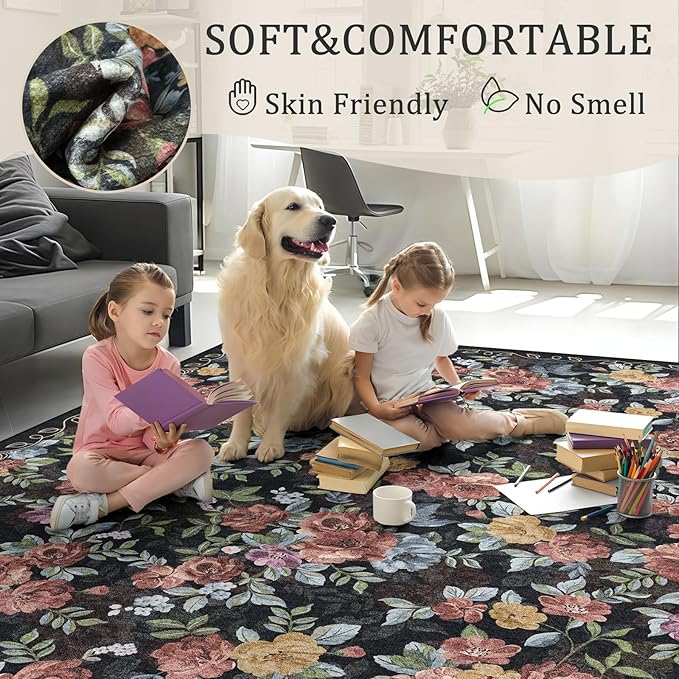 2'6''x8' Machine Washable Runner Rug, Kitchen Hallway Area Rug Black Vintage Boho Floral Ultra Non-Slip Low Pile Soft Faux Wool Carpet, Kids and Pets Friendly for Bedroom Entryway Nursery Decor Rug