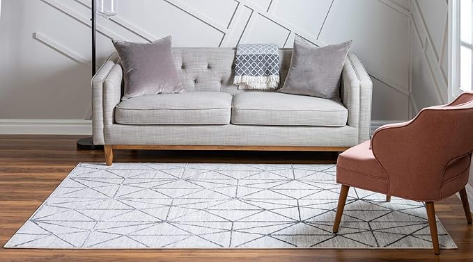 Rugs.com Lattice Trellis Collection Rug – 7' x 10' White Low-Pile Rug Perfect for Living Rooms, Large Dining Rooms, Open Floorplans