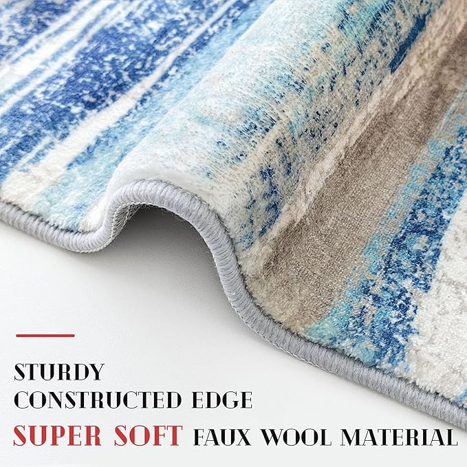 Modern Abstract Runner Rug 3x12, Blue Washable Long Kitchen Runner Non-Slip Soft Hallway Rug Runner Thin Print Faux Wool Carpet for Entryway Bedroom Laundry Room Indoor Home Decor
