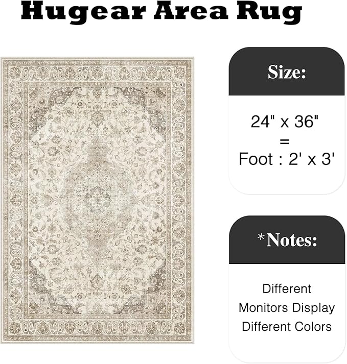 HUGEAR 2x3 Entrance Area Rug Vintage Brown Small Rug Machine Washable Door Mat Neutral Floral Low Pile Carpet Vacuumable Thin Throw Rug Entryway Kitchen Bathroom Bedroom Non Slip Lightweight