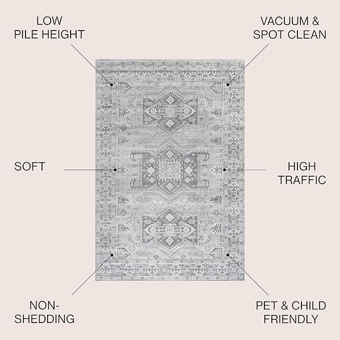 JONATHAN Y Modern Vintage Medallion Light Grey Indoor Area Rug, 4x6, Country, Floral, Easy-Cleaning for Living Room, Bedroom, Kitchen, Pet Friendly, Non-Shedding (MDP108B-4)