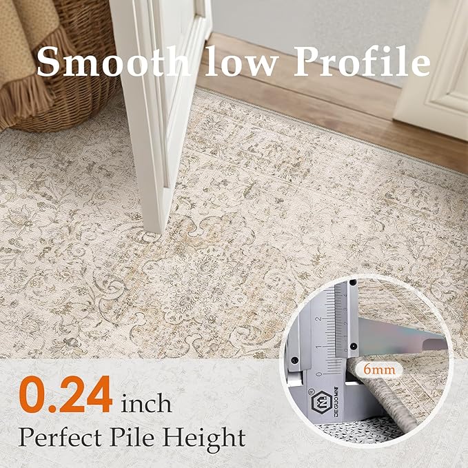 6x9 Washable Beige Area Rug Vintage Living Room Bedroom Carpet Non-Slip Soft Low Pile Distressed Indoor Throw Rug for Dining Room Entryway Office