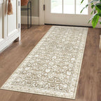 Vintage Floral 2x5 Runner Rug, Beige Tan White Washable Hallway Runner Rug Non-Slip Kitchen Rug Runner Super Soft Thin Printed Faux Wool Carpet for Entryway Bedroom Bedside Laundry Room Indoor