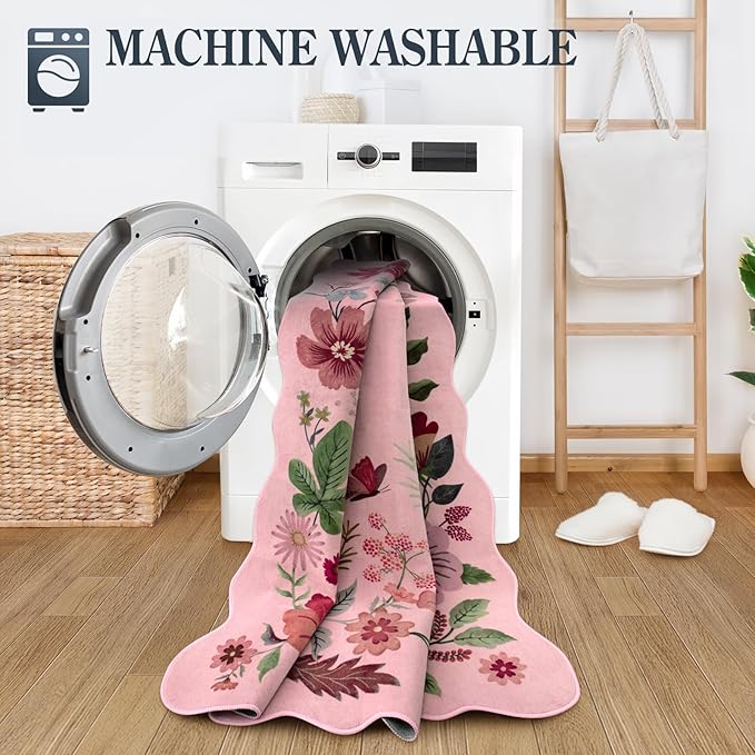 Lahome Floral Washable Entryway Rug, 2X3 Soft Kitchen Rugs Non-Slip, Ultra-Thin Door Mat Indoor Entrance Stain Resistant Boho Small Throw Carpet for Bathroom Bedroom Entry, Pink