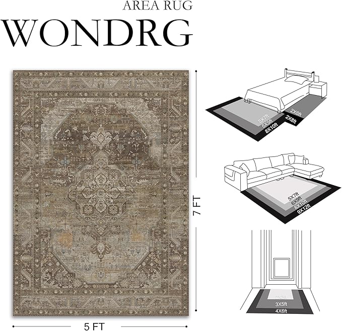 2x6 Brown Washable Vintage Runner Rug for Living Room Bedroom Non Slip Distressed Traditional Soft Runner Rug Low Pile Lightweight Floral Runner Kitchen Hallway Entrance