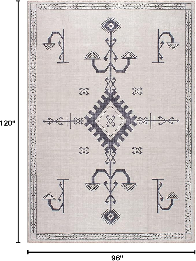 GLN Rugs Contemporary Collection - Machine Washable Area Rug, Contemporary Washable, Non Slip, Low Pile Chenille Rug, Living Room, Bedroom, Kitchen Rug (8' x 10' Cream/Anthracite)