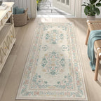 jinchan Vintage Floral Runner Rug 2x6 - Machine Washable Distressed Design Non-Slip Low-Pile Soft Thin Carpet for Hallway Kitchen Farmhouse Bedroom Entryway Laundry Room (2x6ft, Apricot Multi)