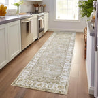 jinchan Fiora Hallway Runner Rug 3x8 Washable Runner - Vintage Floral Non Slip Low-Pile Soft Thin Faux Wool Kitchen Rug Distressed Carpet for Farmhouse Bedroom Laundry Room(3x8ft, Taupe)