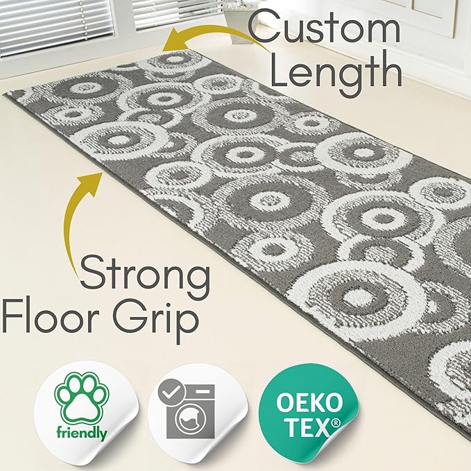 Custom Size Long Grey Hallway Runner Rug | Cut to Length 2'3" x 20' (Runner) | Non-Slip & Machine Washable | REMNAZ