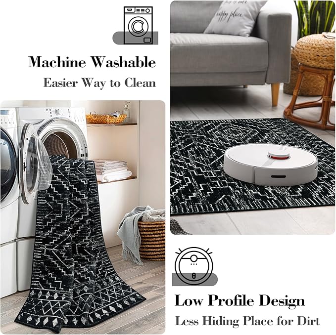 Wonnitar Moroccan Washable Rug 4x6, Black Boho Living Room Area Rug, Non-Slip Farmhouse Bedroom Carpet Dorm Room Throw Rug, Low Pile Soft Accent Mat for Kitchen Entry Office (Black,4'x6')