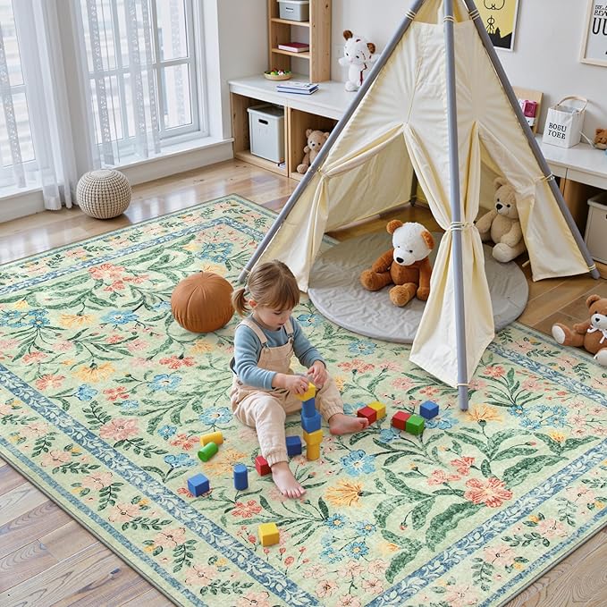 Lahome Washable 5x7 Area Rugs, Boho Pink and Green Floral Living Room Rug Non Slip, Vintage Girls Bedroom Indoor Carpet for Nursery Playroom Kitchen, Green/Multi