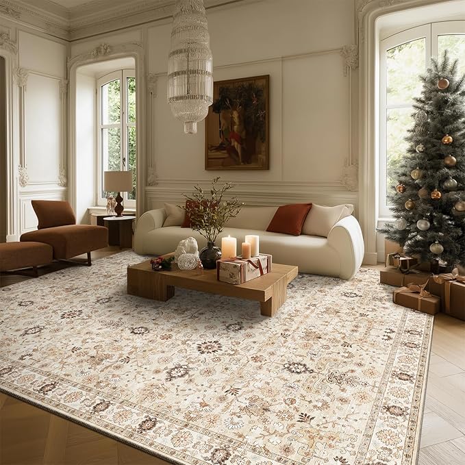 8x10 Washable Area Rugs Ultral Soft Non-Slip Stain Resistant Vintage Boho Large Carpet for High-Traffic Living Room & Dining Room