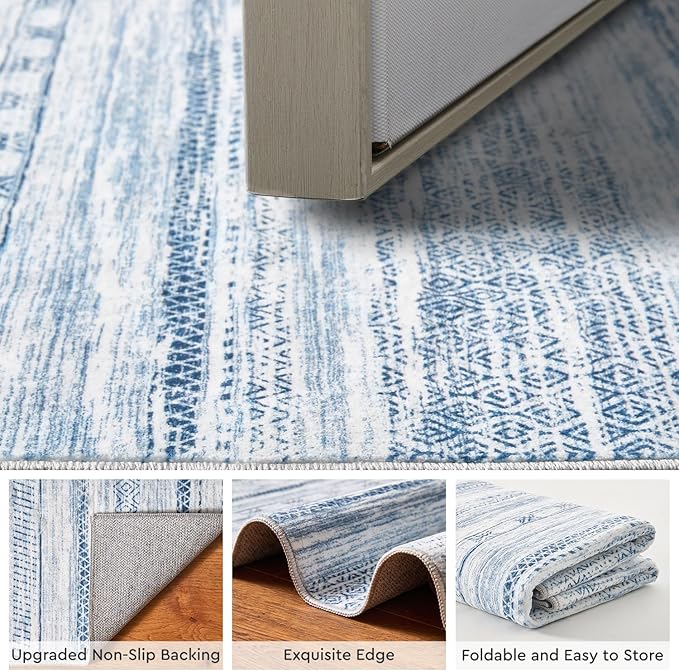 3x5 Area Rug Machine Washable Non Slip Rug Distressed Neutral Moroccan Boho Rug Ultra Soft Indoor Rugs for Bedroom Living Room Entryway Kitchen Foyer Bedside, Blue