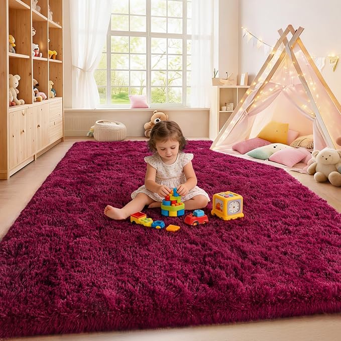 Burgundy Plush Rug for Living Room Fuzzy Carpet for Bedroom Dorm, Non-Slip High Pile Rug, Shag Rug for Playroom Nursery Home Office Decor 4X6 Ft