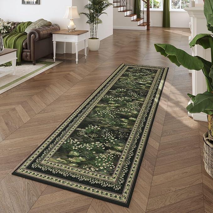 Rugcomf Runner Rug Impressionist-Style Vintage Kitchen Rugs Non Slip Washable Soft Carpet Runner for Kitchen Laundry Bedroom Bathroom, Green