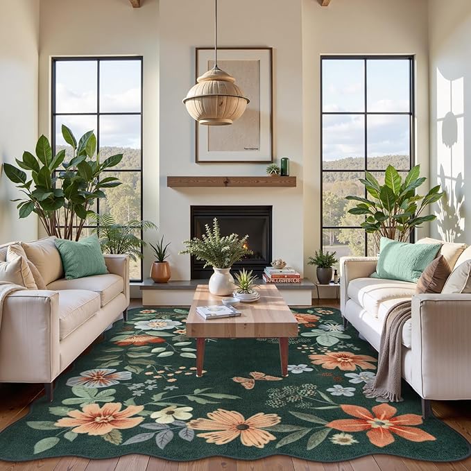 Lahome Floral Washable Rugs 8x10, Non-Slip Soft Bedroom Rug Stain Resistant, Ultra-Thin 8x10 Rugs for Living Room Easy Clean Boho Accent Carpet for Dining Room Office(8x10ft,Dark Green)