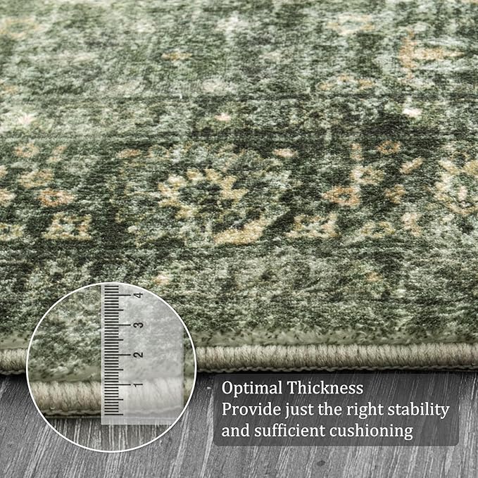 Morebes Area Rug 4x6 Vintage Washable Boho Rugs for Bedroom, Soft Living Room Carpet Non-Slip Non-Shedding Faux Wool Rug for Farmhouse Dining Room Indoor Kids Playroom, Grayish Green