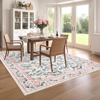 8x10 Washable Floral Distressed Rug, Vintage Farmhouse Area Rug for Living Room, Non-Slip Low Pile Soft Carpet for Nursery Bedroom Dining Room Home Office, Pink