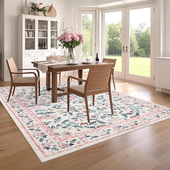 5x7 Washable Non-Slip Rug, Vintage Floral Area Rug for Living Room, Low Pile Farmhouse Distressed Carpet for Nursery Playroom Dorm Teens Office, Pink