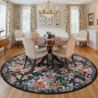 6ft Round Machine Washable Area Rug for Living Room, Black Vintage Boho Floral Rug Large Non-Slip Low Pile Soft Faux Wool Carpet, Kids and Pets Friendly for Bedroom Nursery Farmhouse Home Decor Rug