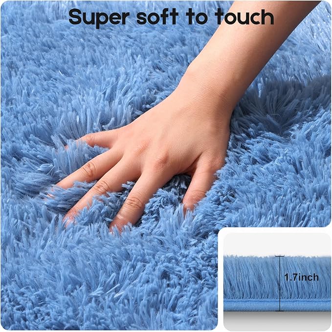 2x3 Blue Rugs for Bedroom Living Room, Fluffy Small Area Rug Soft Shag Carpet for Kids Boys and Girls Room with 4 Rugs Non-Slip Stickers Dorm Home Decor (2ft x 3ft)