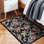 2x3 Machine Washable Area Rug for Entryway, Black Vintage Boho Floral Rug Non-Slip Low Pile Soft Faux Wool Small Carpet, Kids and Pets Friendly for Bedroom Kitchen Hallway Bedside Home Decor Rug