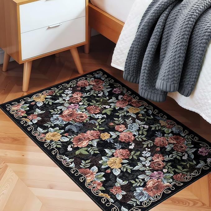 2x3 Machine Washable Area Rug for Entryway, Black Vintage Boho Floral Rug Non-Slip Low Pile Soft Faux Wool Small Carpet, Kids and Pets Friendly for Bedroom Kitchen Hallway Bedside Home Decor Rug